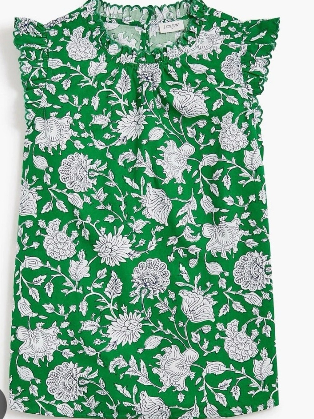 J. Crew Green and White Floral Ruffle Sleeve Blouse